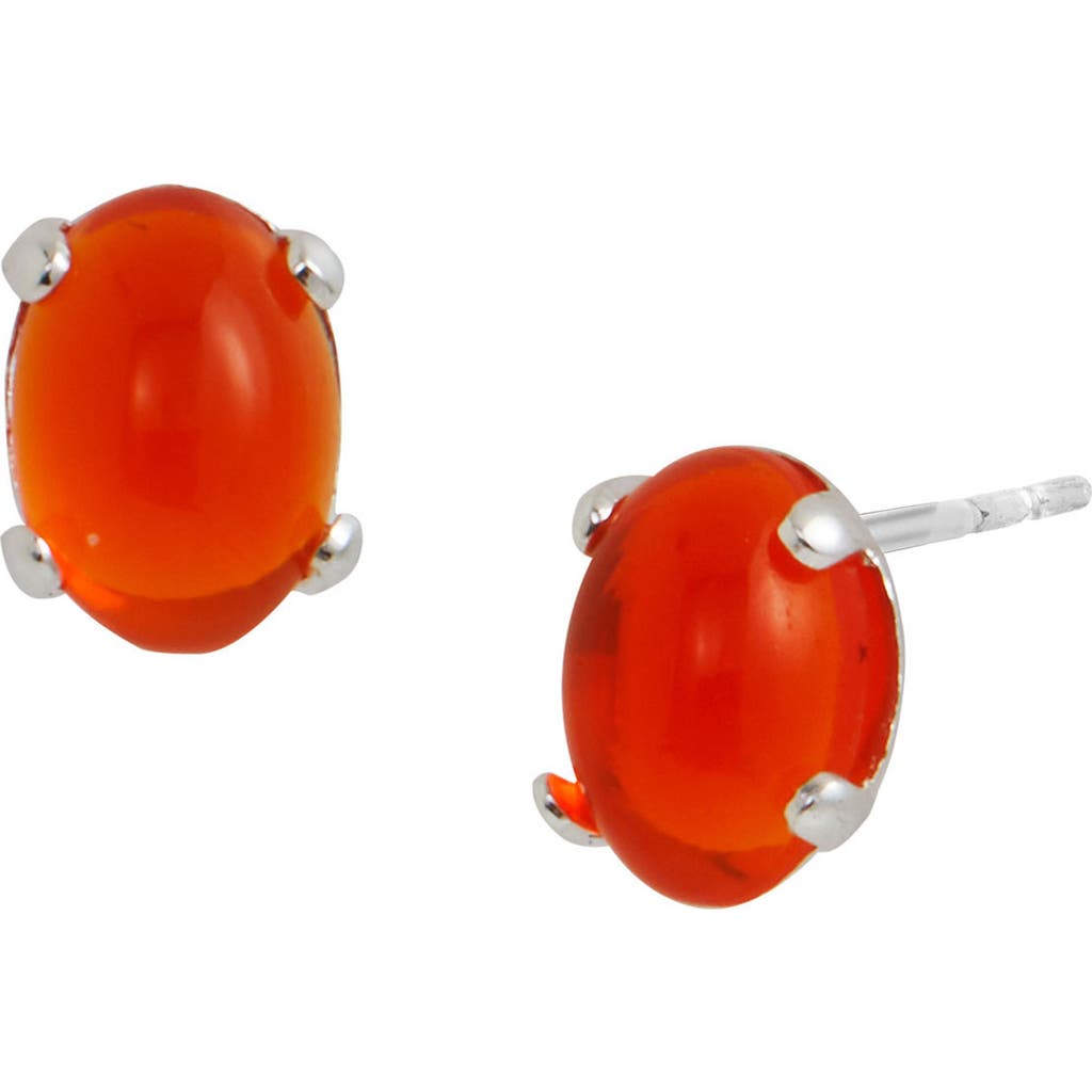 Savvy Cie Jewels Rhodium Plated Sterling Silver Oval Fire Opal Stud Earrings In Silver