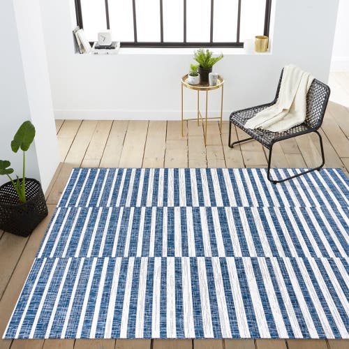 Jonathan Y Sukie Modern Offset Stripe Indoor/outdoor Area Rug In Blue/ivory