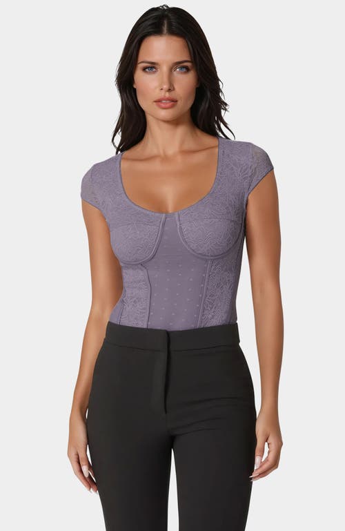 bebe Swiss Dot Lace Bodysuit in Purple Ash 