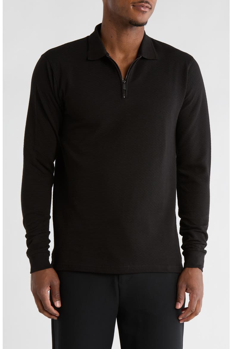 Textured Long Sleeve Zip Polo, Main, color, BLACK