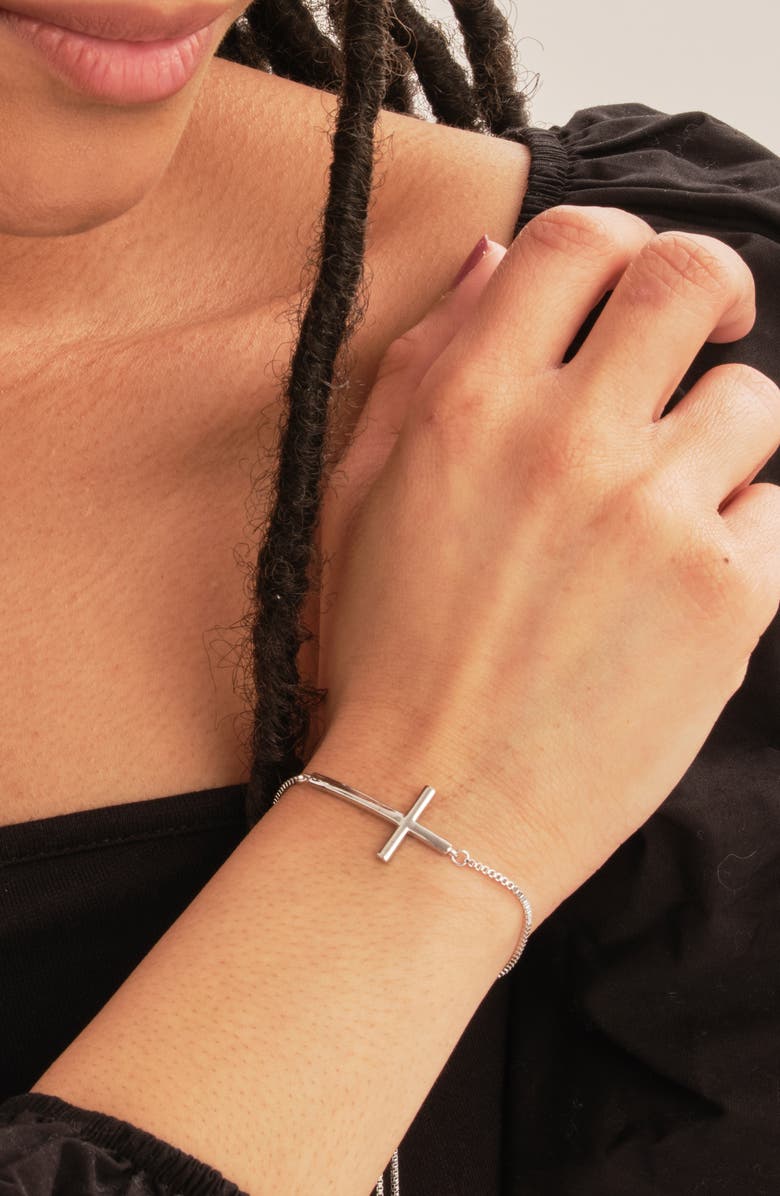 Sterling Forever Rhodium Plated Polished Cross Bolo Bracelet, Alternate, color, 
