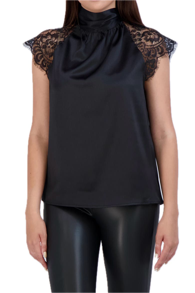 Tie Back Mock Neck Lace Sleeve Satin Blouse, Main, color, BLACK