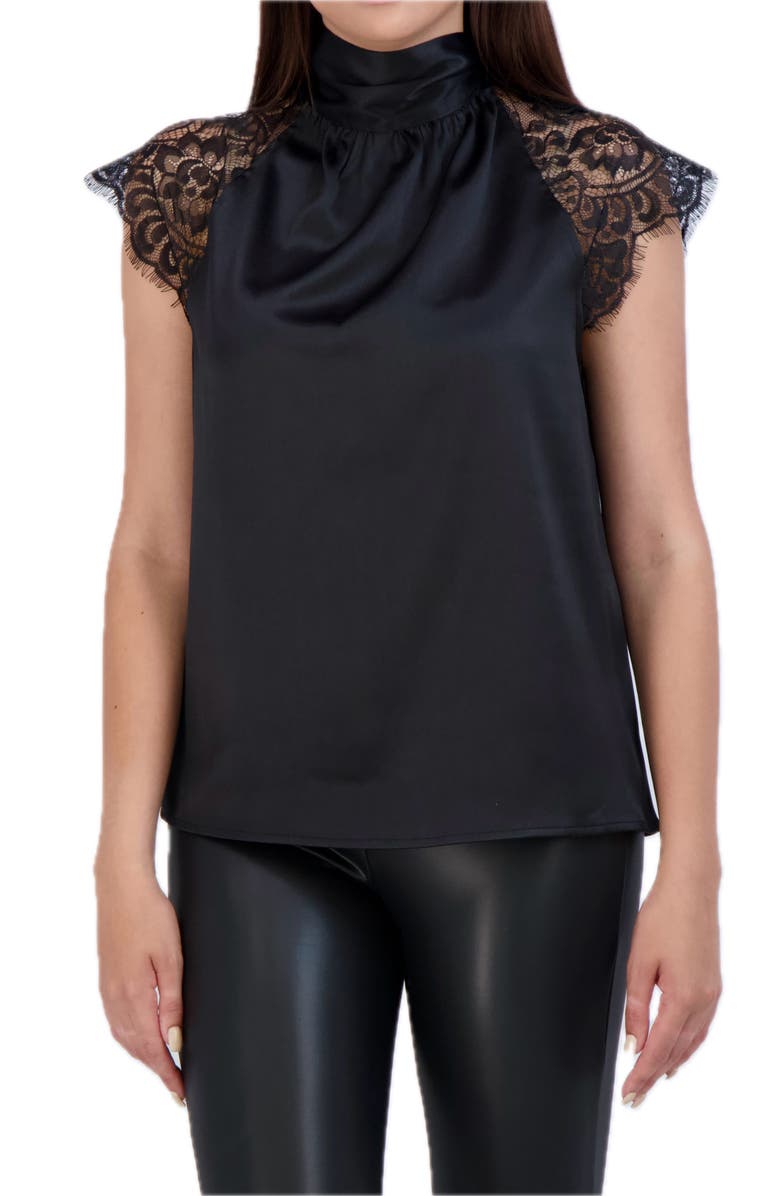 Tie Back Mock Neck Lace Sleeve Satin Blouse