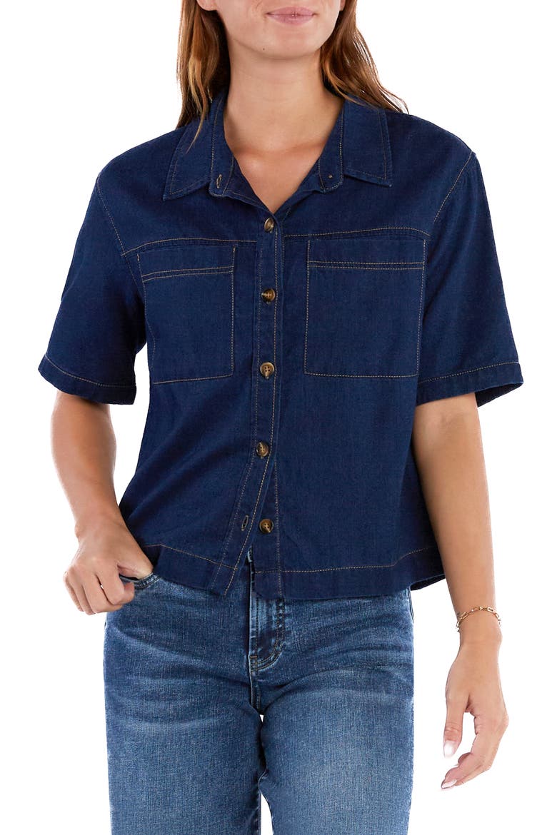 Boxy Short Sleeve Denim Button-Up Shirt, Main, color, DARK INDIGO