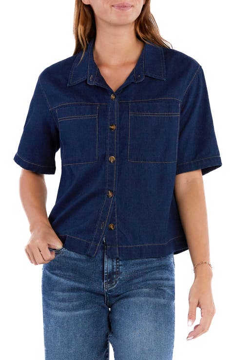 Boxy Short Sleeve Denim Button-Up Shirt