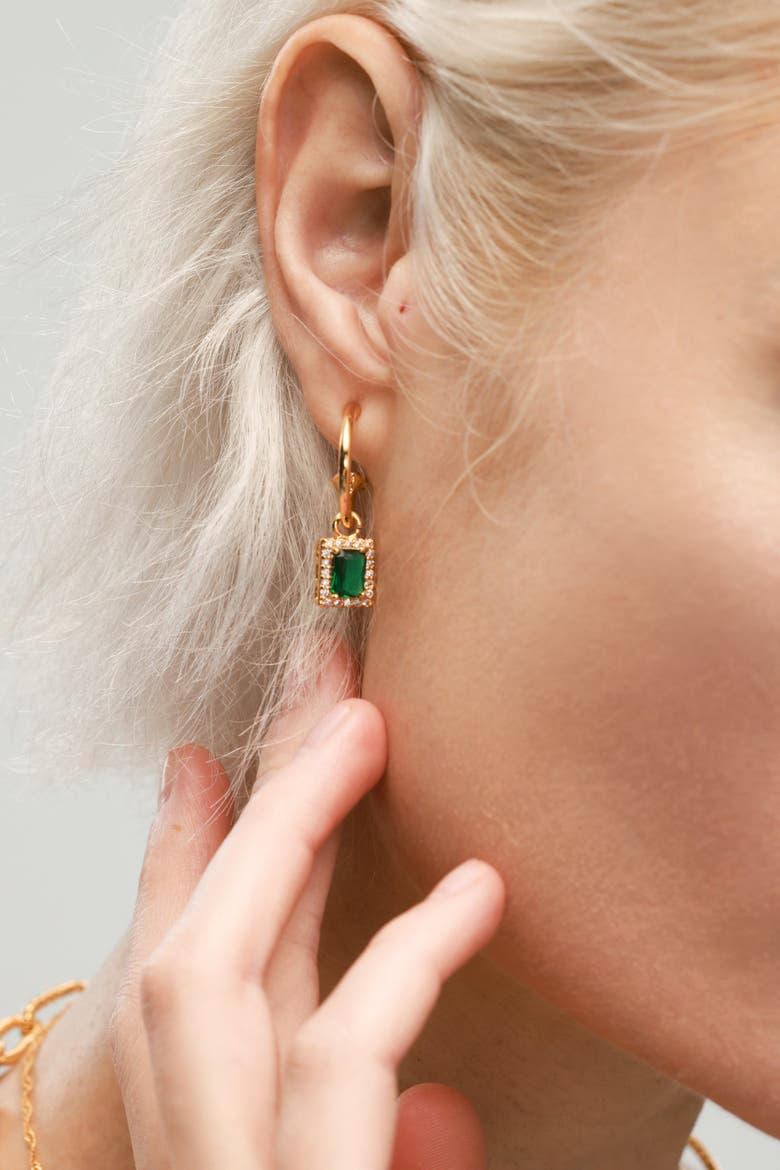 Emerald Green Drop Hoop Earrings, Alternate, color, Gold