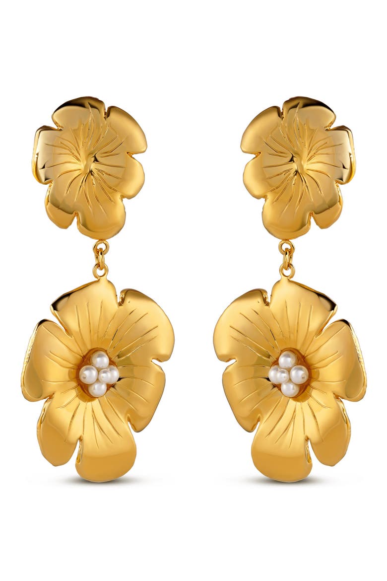 Double Poppy Drop Earrings, Main, color, 14K GOLD