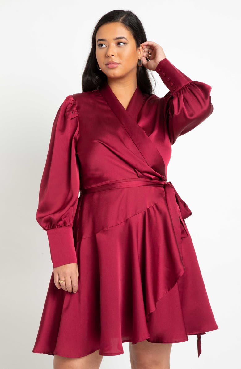 ELOQUII Long Sleeve Satin Wrap Dress, Alternate, color,
