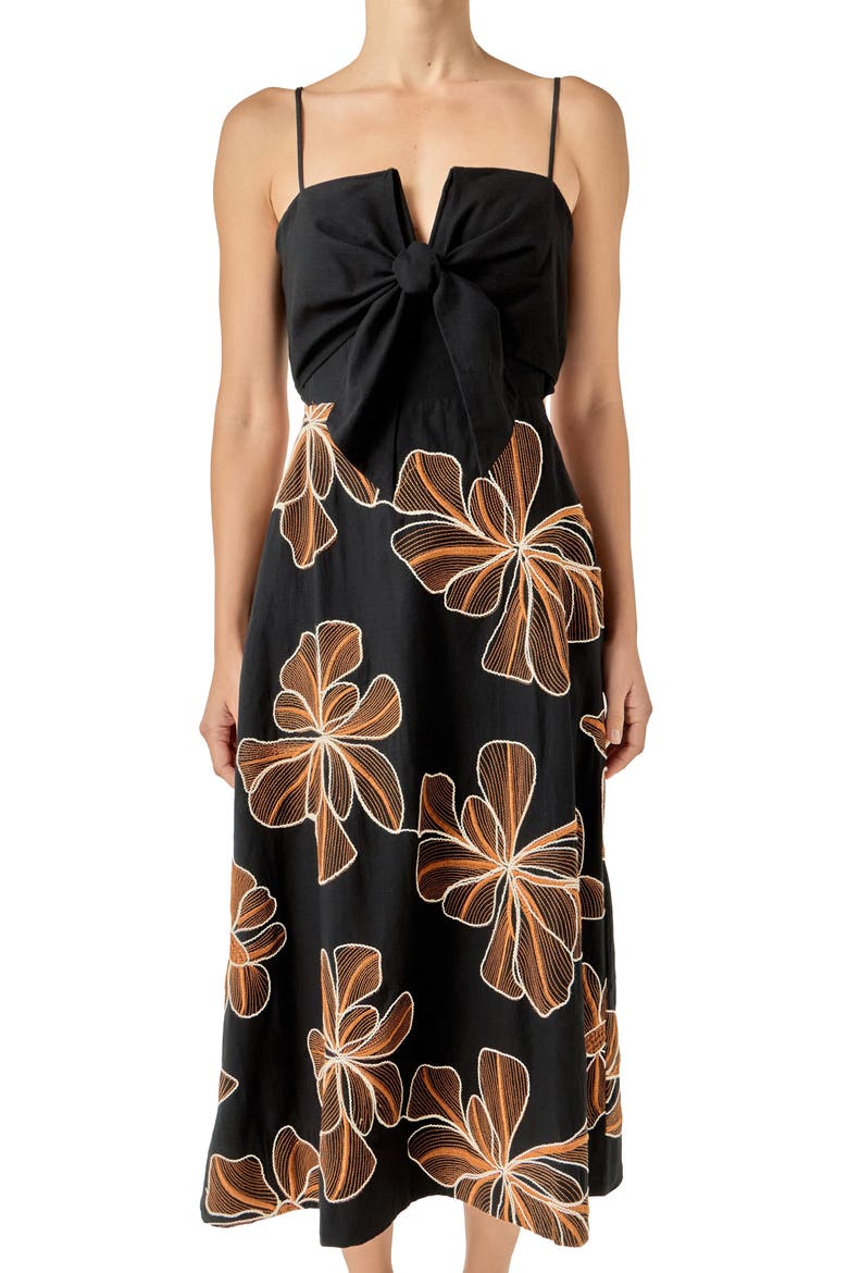 Embroidered Sleeveless Midi Dress, Alternate, color, BLACK/ ORANGE