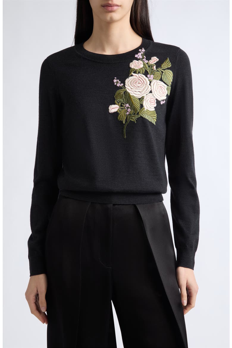 Embroidered Flower Stretch Wool Sweater, Main, color, CHARCOAL GREY