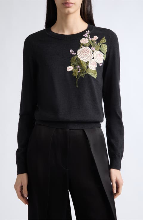 Embroidered Flower Stretch Wool Sweater