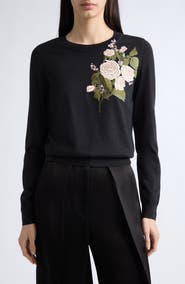 Carolina Herrera Embroidered Flower Stretch Wool Sweater