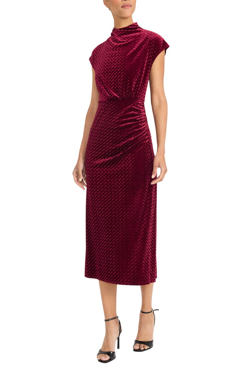 Maggy London Cap Sleeve Textured Velvet Midi Dress, Alternate, color, Cabernet