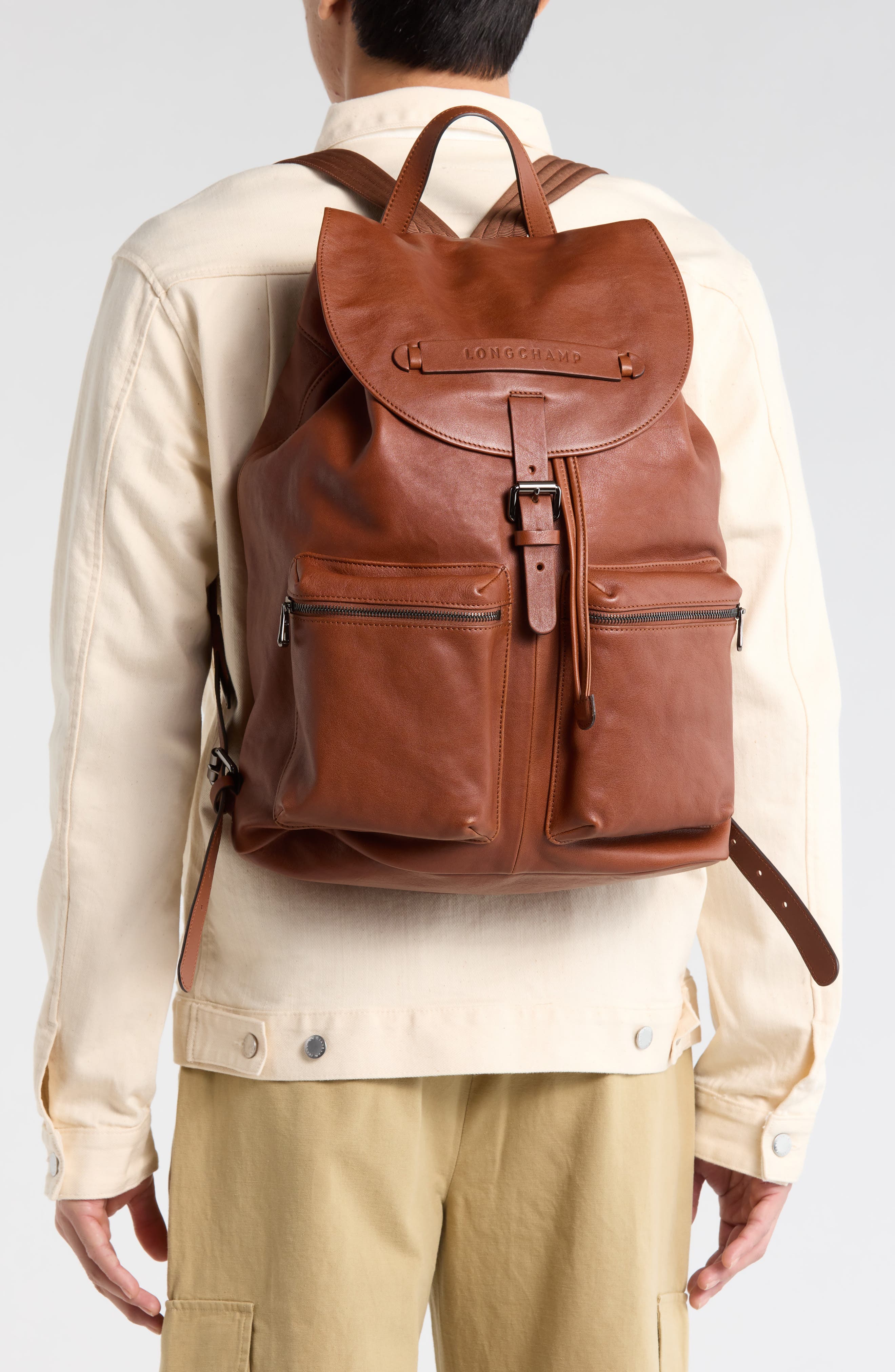 Longchamp 3D Leather Backpack, Alternate, color, Cognac