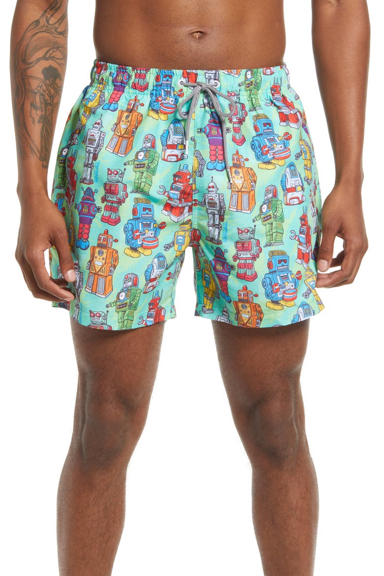 Robots Mid Swim Trunks, Main, color, GREEN