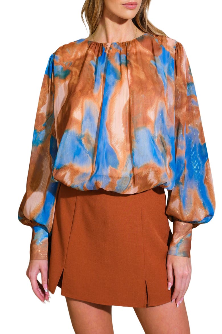 Print Lurex Bishop Sleeve Top, Main, color, BROWN BLUE
