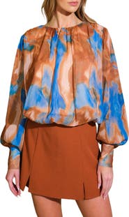 FLYING TOMATO Print Lurex Bishop Sleeve Top