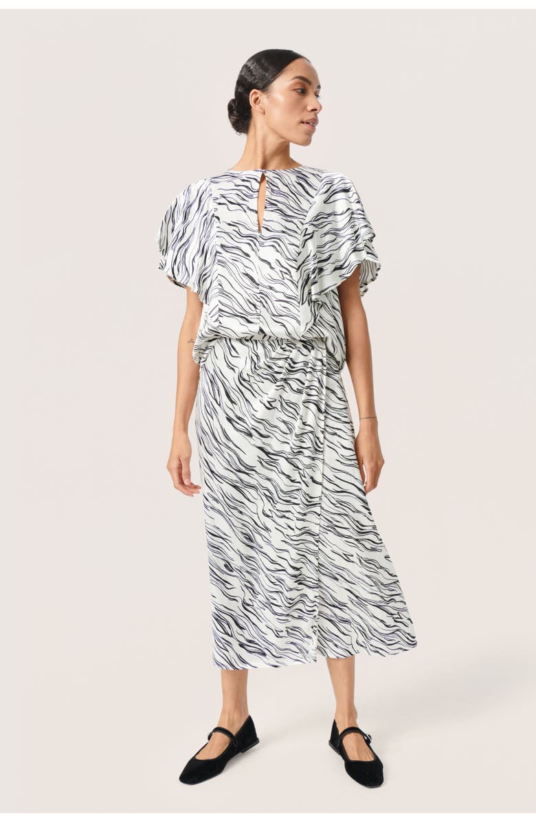 Soaked in Luxury Vinka Ruffle Sleeve Round Neck Blouse, Alternate, color, White/Black Wave Print