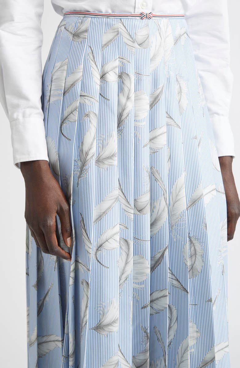 Thom Browne Pleated Feather Print Silk Twill Midi Skirt, Alternate, color, Light Blue