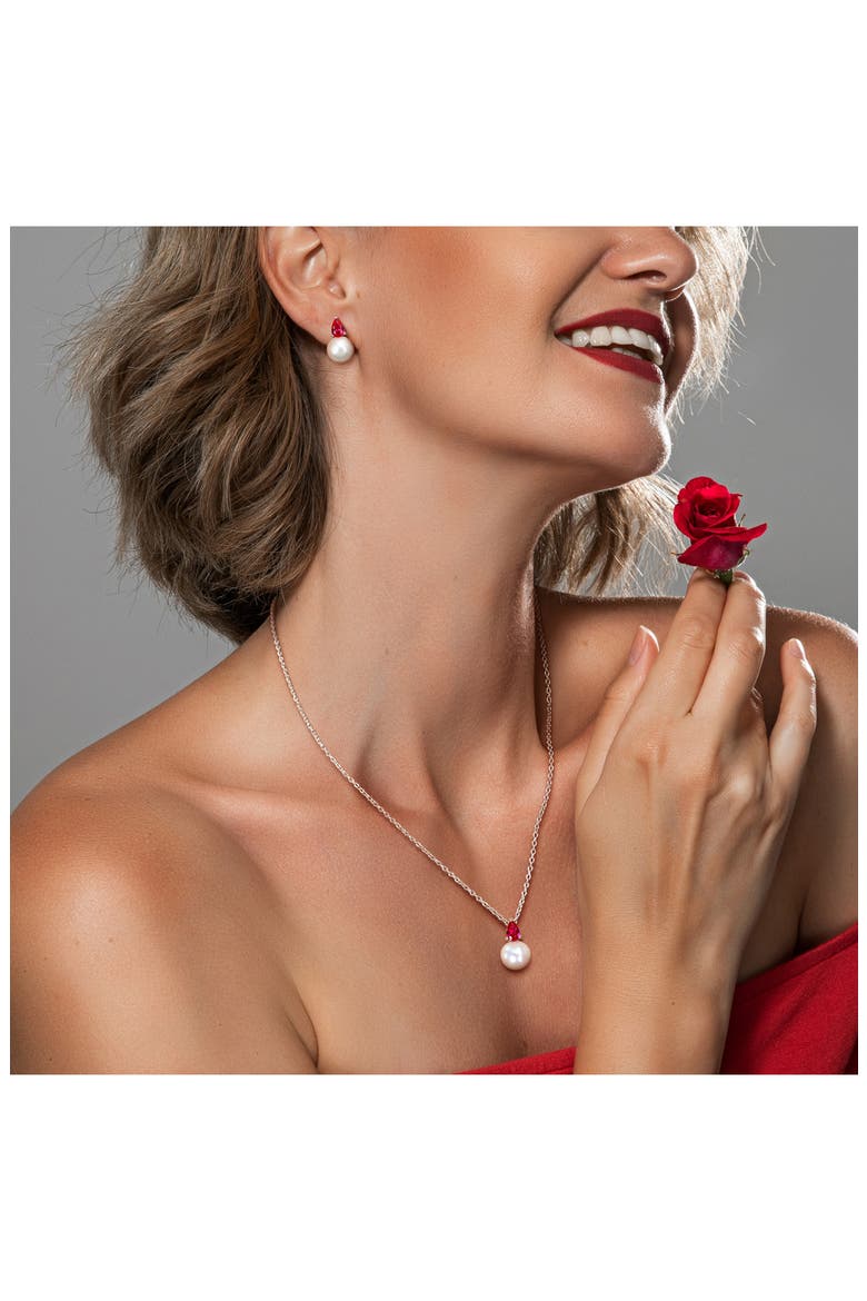 Cultured Freshwater Pearl & Ruby Pendant Necklace & Stud Earrings Set, Alternate, color, RED