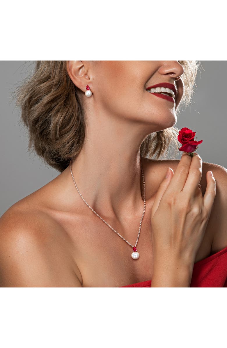 DELMAR Cultured Freshwater Pearl & Ruby Pendant Necklace & Stud Earrings Set, Alternate, color, Red