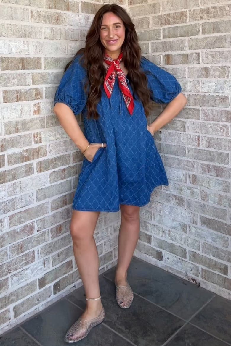 Chambray Jacquard Puff Sleeve Mini Dress, Alternate, color, Navy Blue