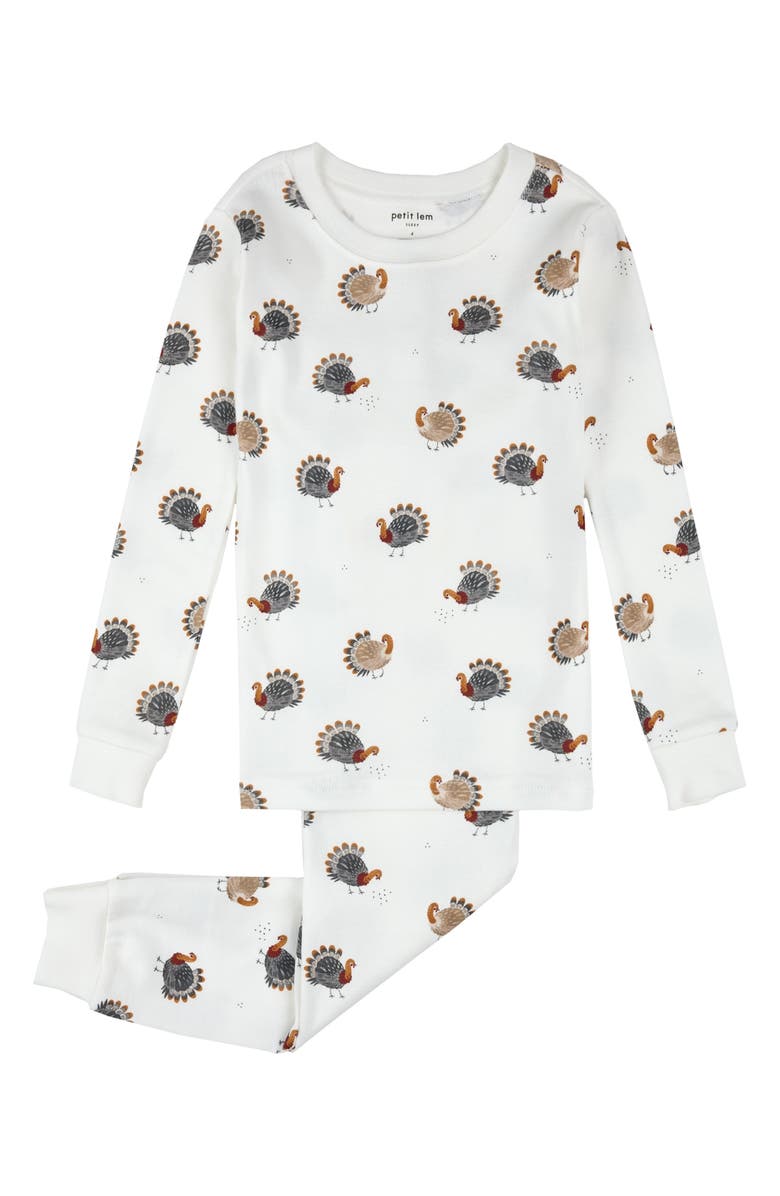 Petit Lem Kids' Turkey Print Fitted Two-Piece Organic Cotton Rib Pajamas, Main, color, Off White