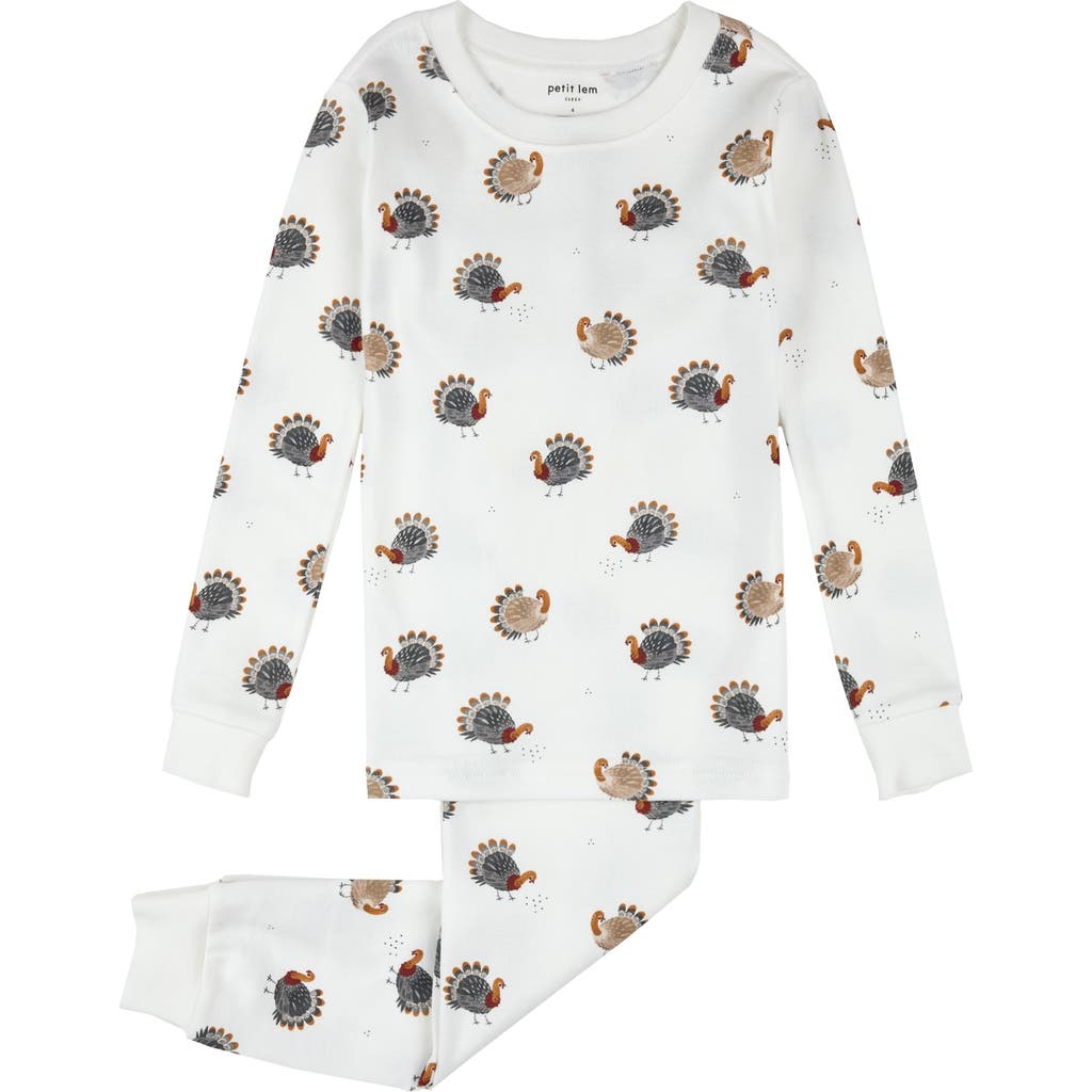 Petit Lem Kids' Turkey Print Fitted Two-Piece Organic Cotton Rib Pajamas in Off White