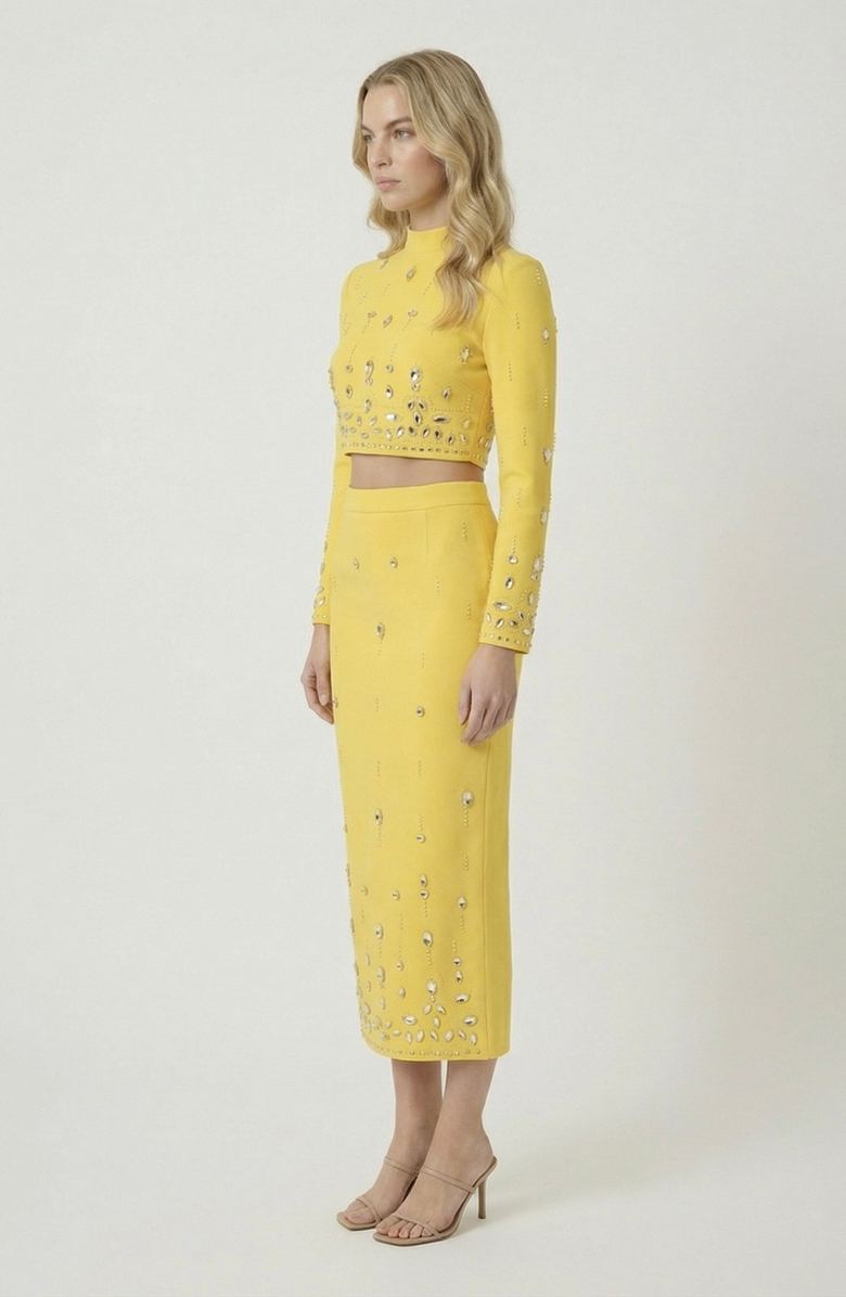 Modenaire Embellished Crop Top and Midi Skirt Set, Alternate, color, Yellow