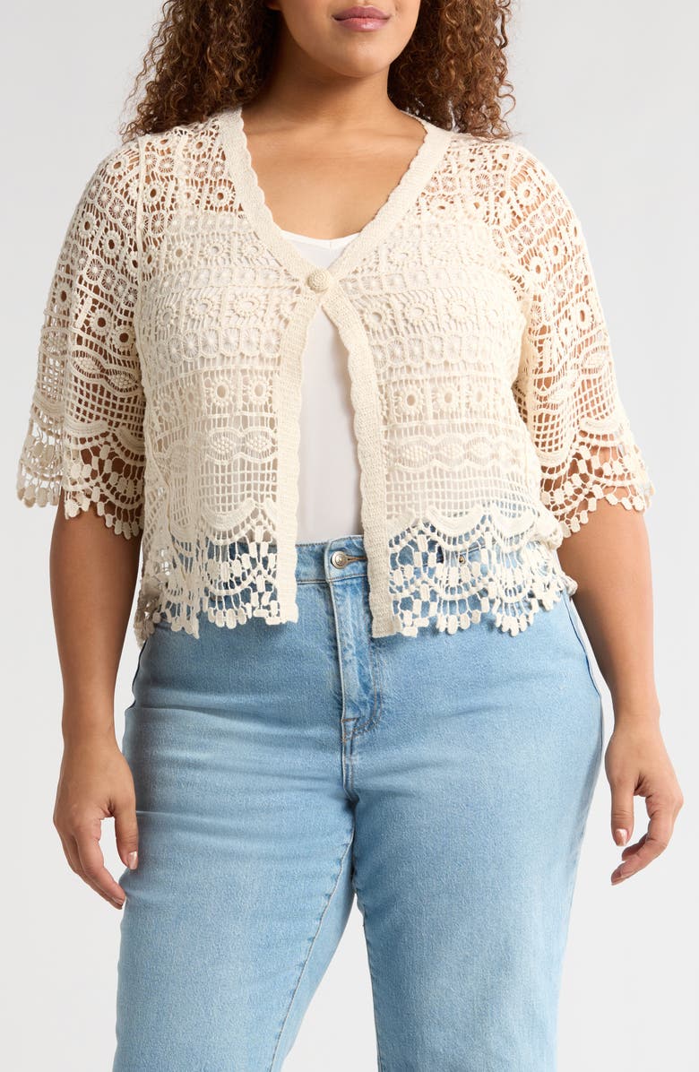 Liverpool Los Angeles Short Sleeve Lace Bolero, Main, color,