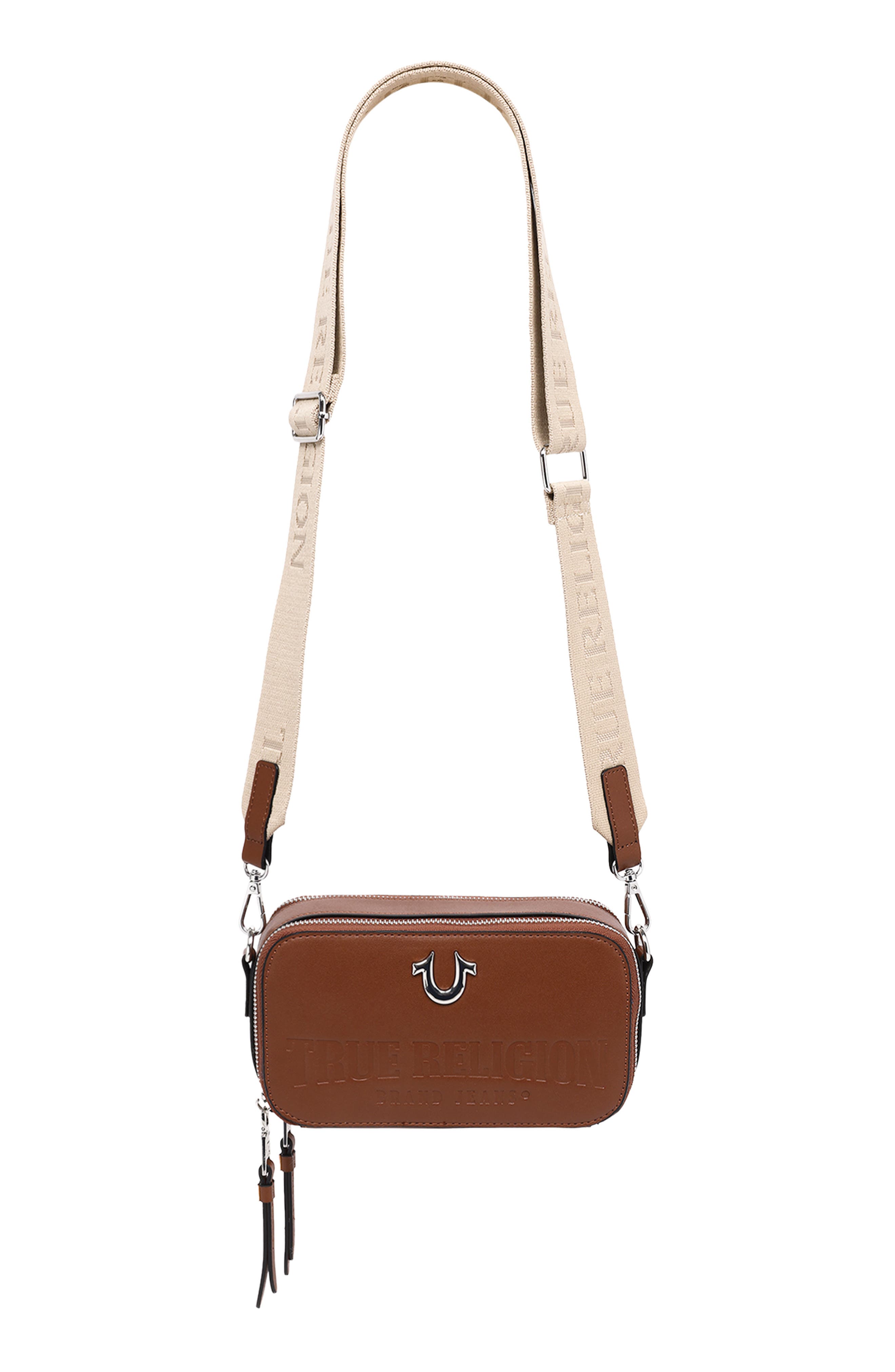 True Religion Double Zip Horseshoe Camera Bag, Alternate, color, Brown