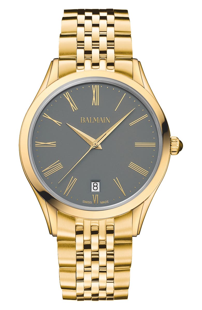 BALMAIN WATCHES Classic R Grey Dial Bracelet Watch, 41mm, Main, color, Yellow Gold Pvd Coating