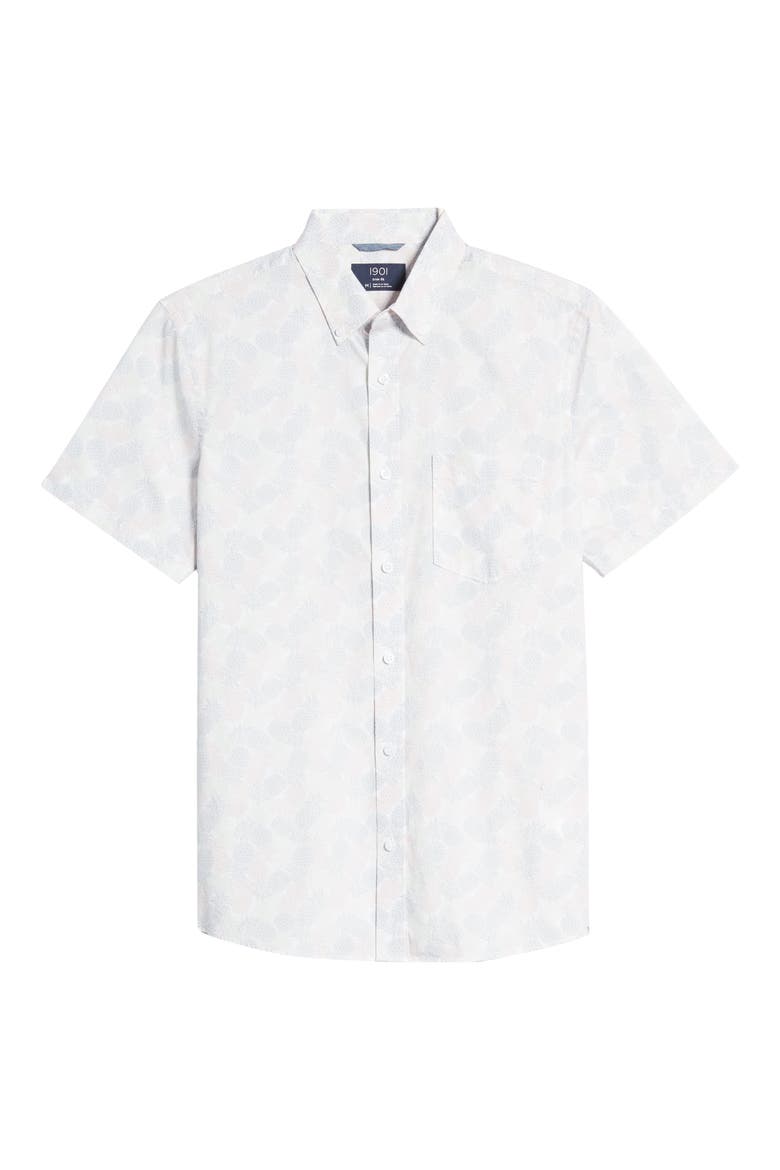 Slim Fit Pineapple Print Short Sleeve Button-Down Shirt, Alternate, color, WHITE PINK PINEAPPLES