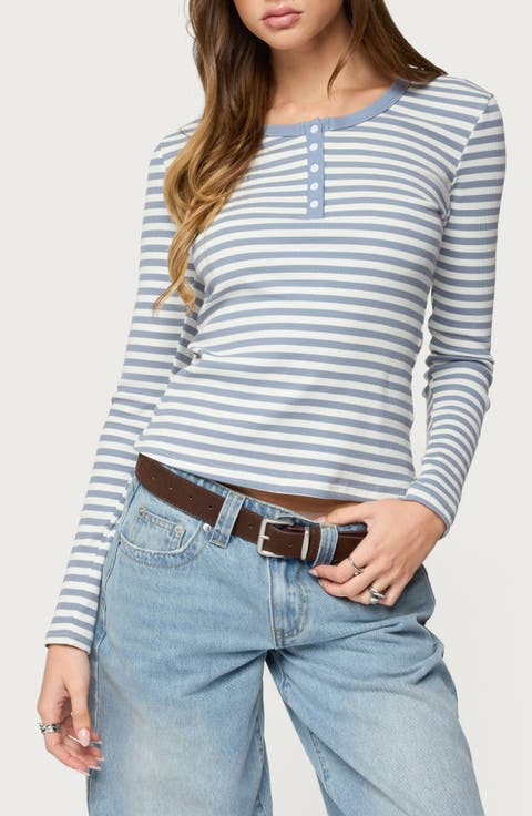 Roma Stripe Rib Henley Top