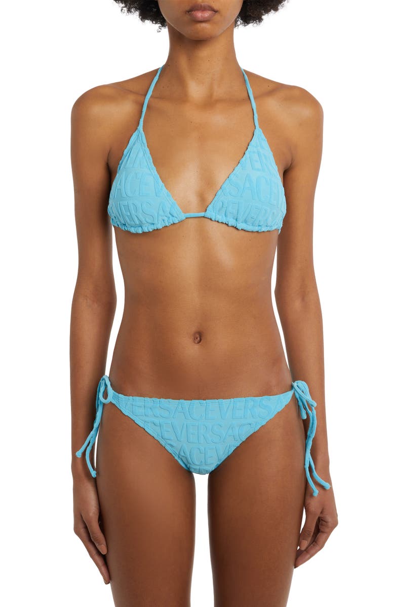 Versace Logo Jacquard Triangle Bikini Top, Main, color, 