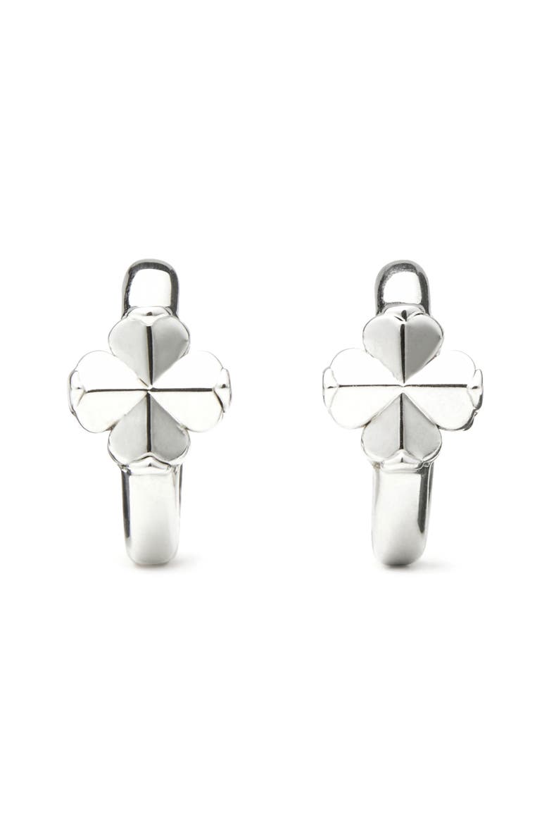 spade flower huggie hoop earrings, Main, color, SILVER