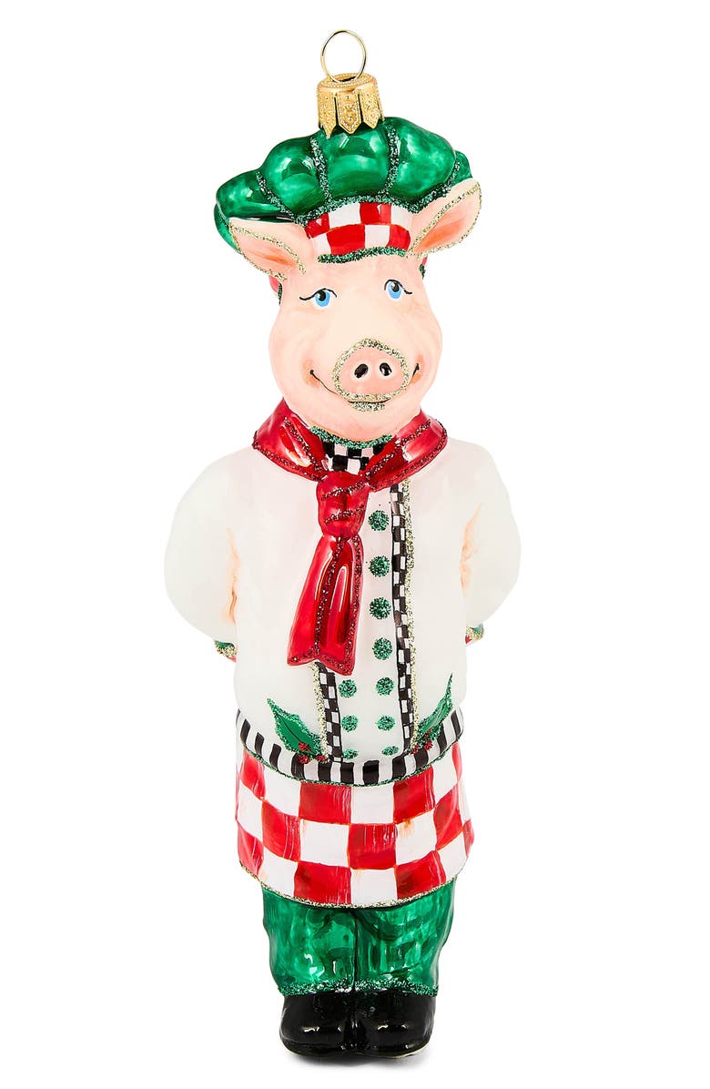MACKENZIE CHILDS Check it Out Chef Pig Glass Ornament, Main, color, White