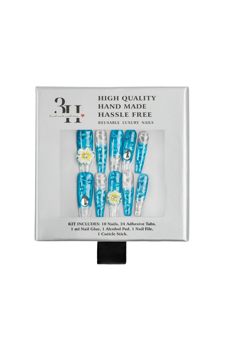 Paradise Flower Luxury Handmade Press On Nails, Alternate, color, Cyan