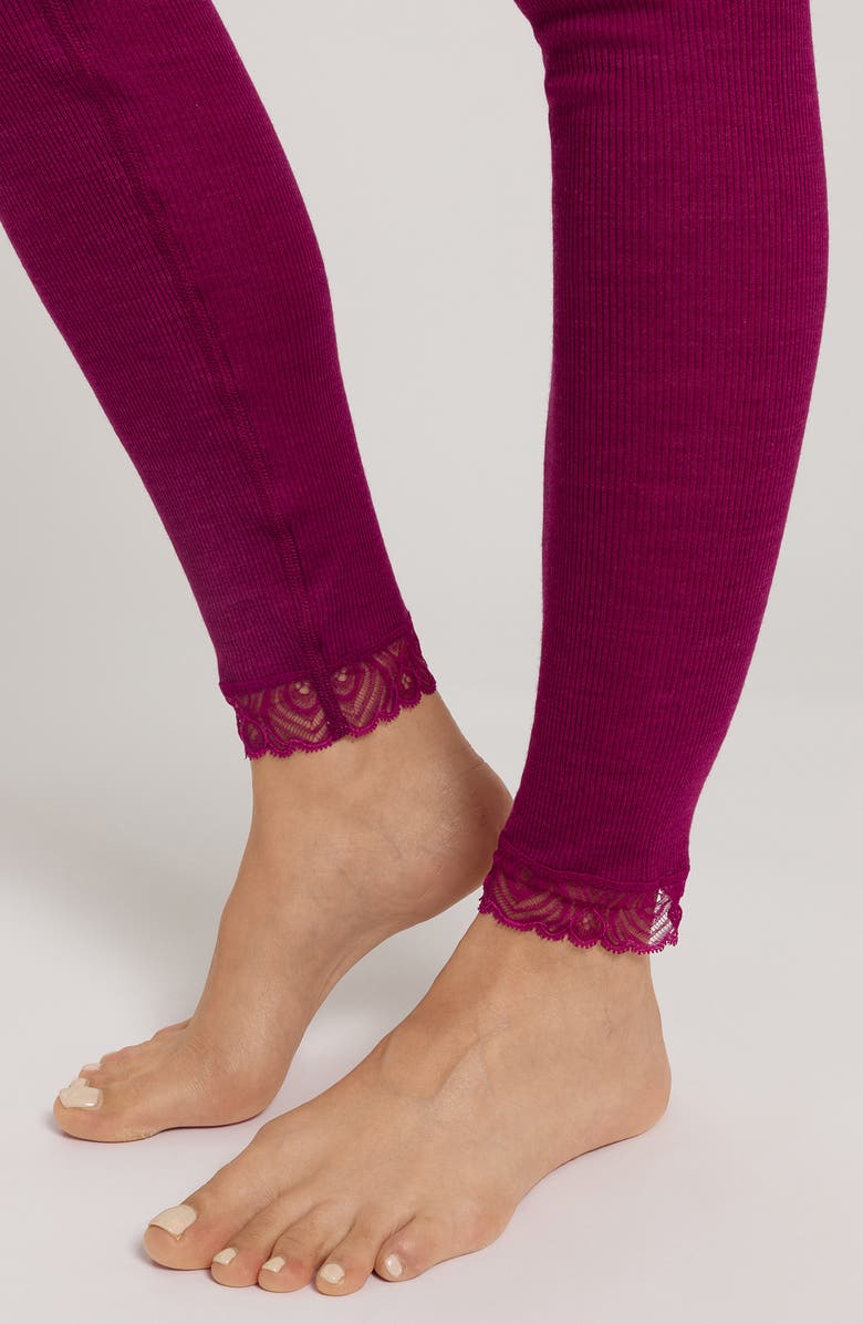 Hanro Lace Trim Merino Wool & Silk Rib Leggings, Alternate, color, Pink Tourmaline