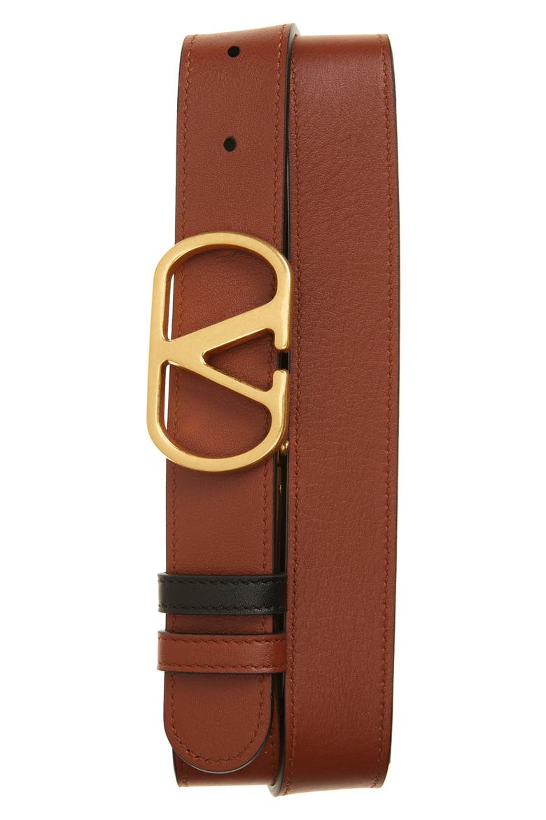 VLOGO Buckle Reversible Leather Belt, Alternate, color, BLACK/ CAMEL