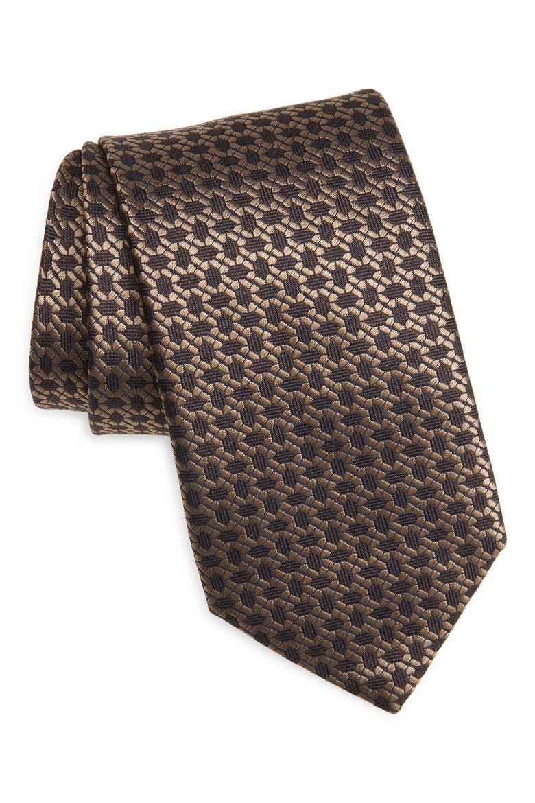 Geometric Silk Tie, Main, color, BROWN