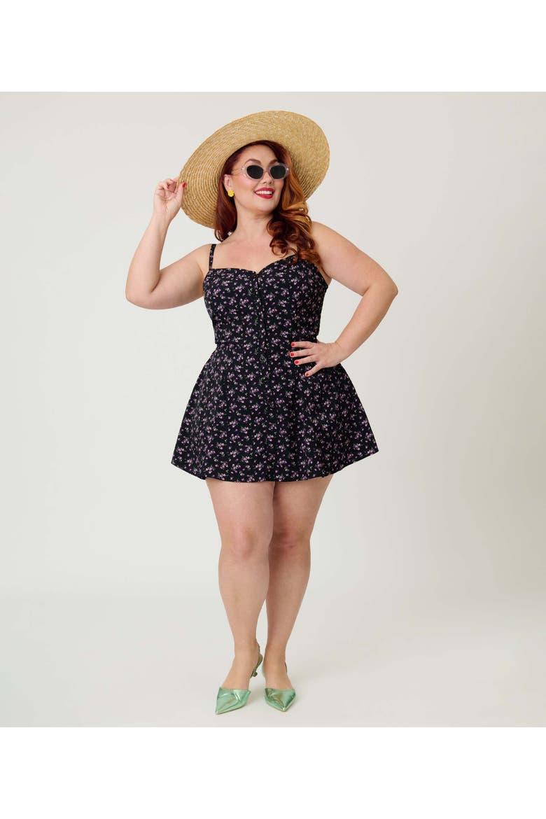Plus Size 1940s Sweetheart Skirted Romper, Alternate, color, Black Ditzy Floral