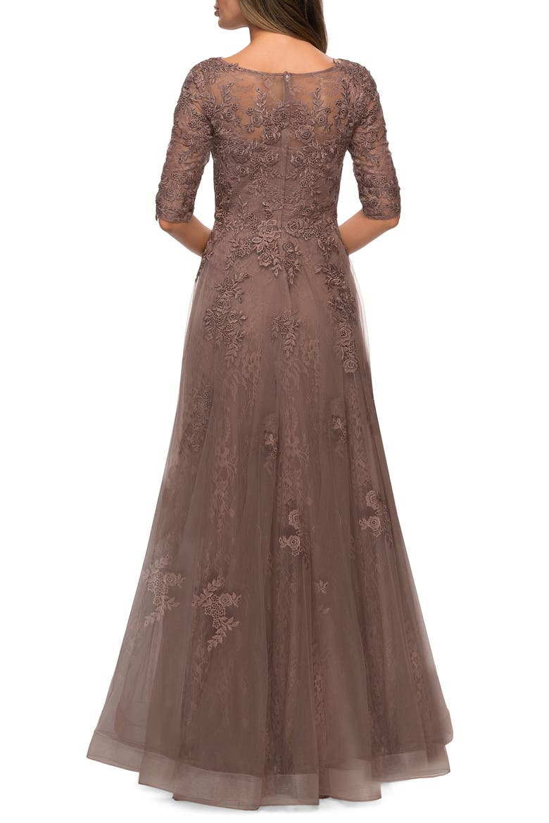 Lace and Tulle A-line Gown with Three Quarter Sleeves, Alternate, color, COCOA