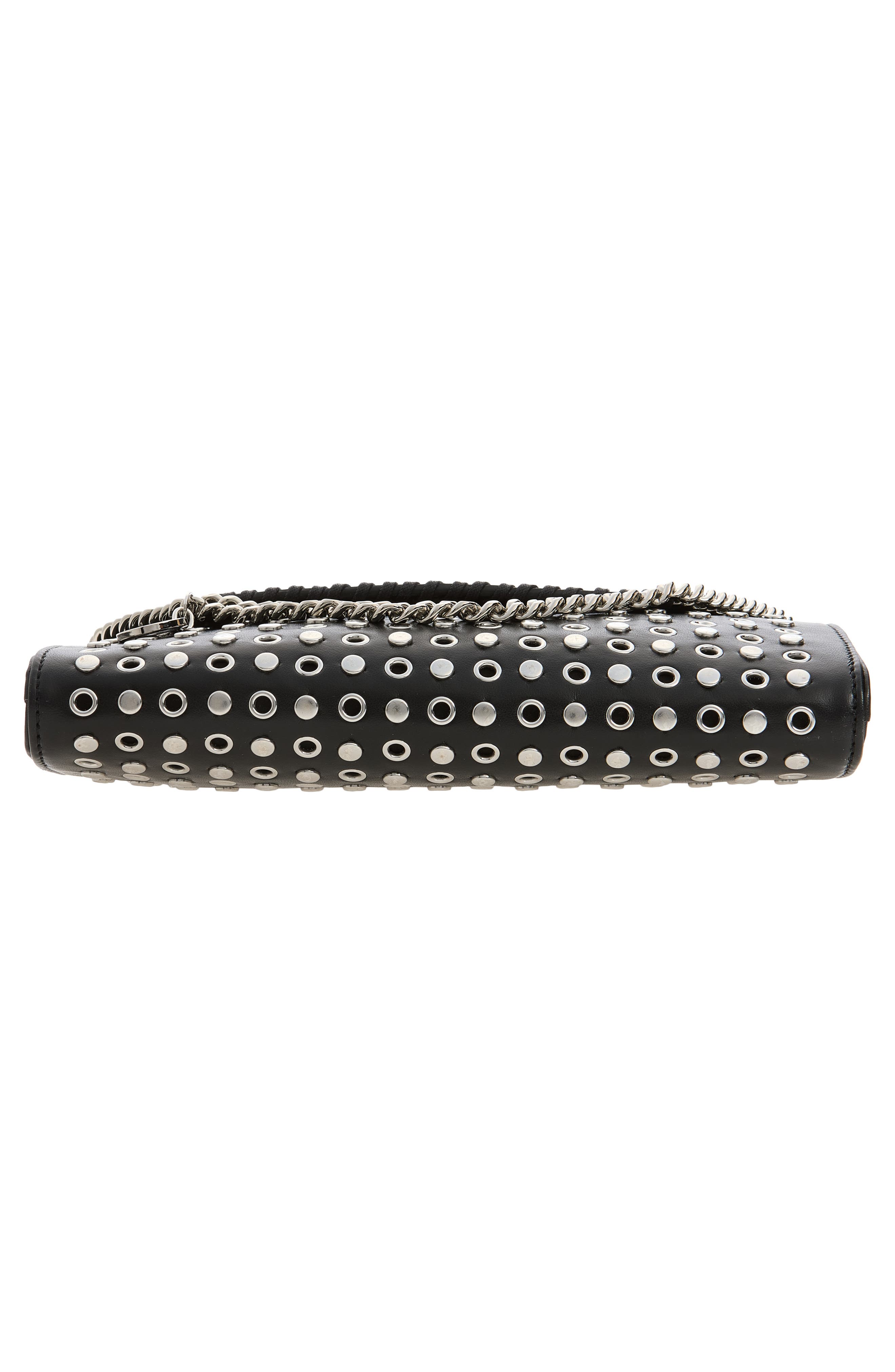 Falabella Studded Faux Leather Wallet on a Chain, Alternate, color, BLACK
