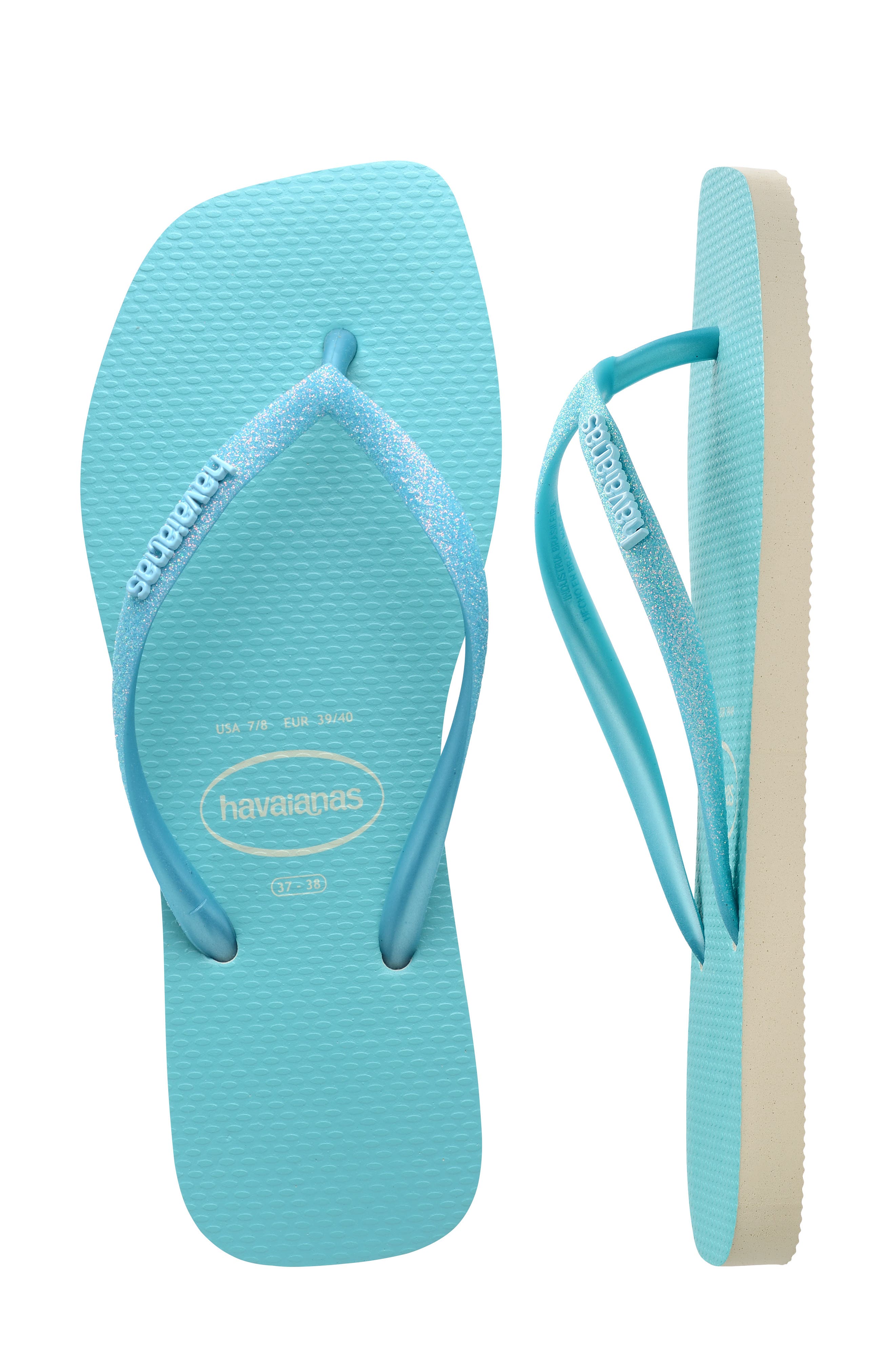 Havaianas Slim Square Glitter Neon Flip Flop, Alternate, color, Beige/ Blue