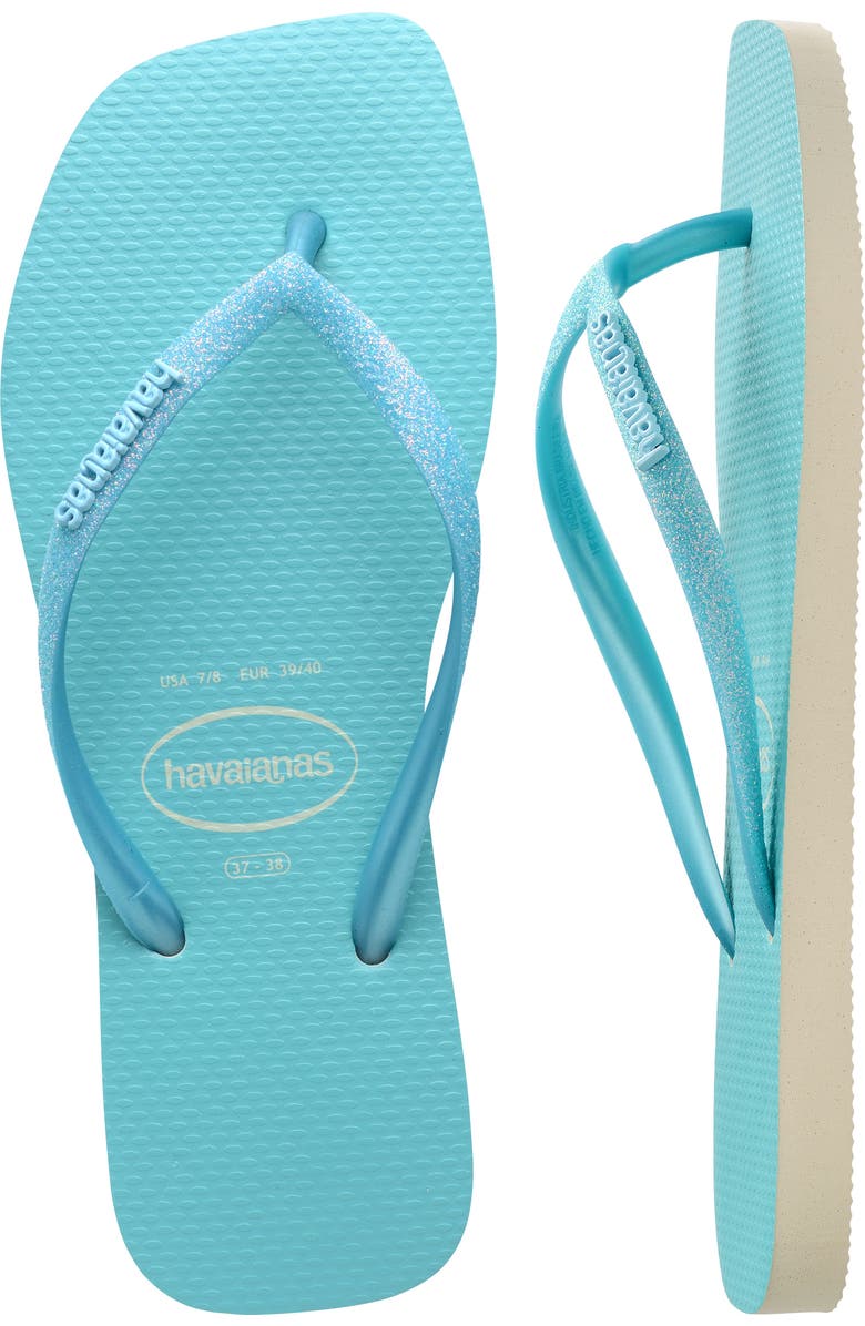 Havaianas Slim Square Glitter Neon Flip Flop, Alternate, color, Beige/ Blue