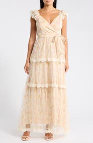 Lulus Lucia Cap Sleeve Lace Tiered Maxi Dress