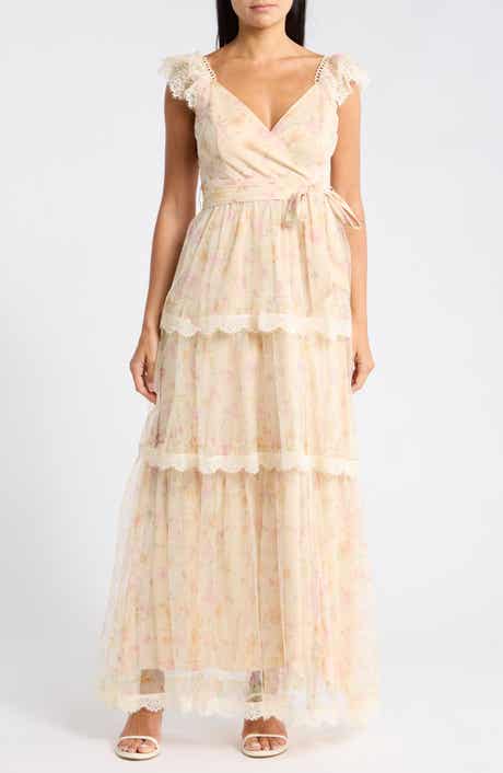 Lulus Lucia Cap Sleeve Lace Tiered Maxi Dress
