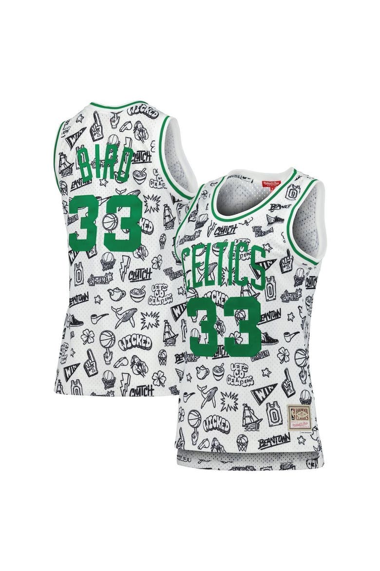 Women's Mitchell & Ness Larry Bird White Boston Celtics 1985 Doodle Swingman Jersey, Main, color, White