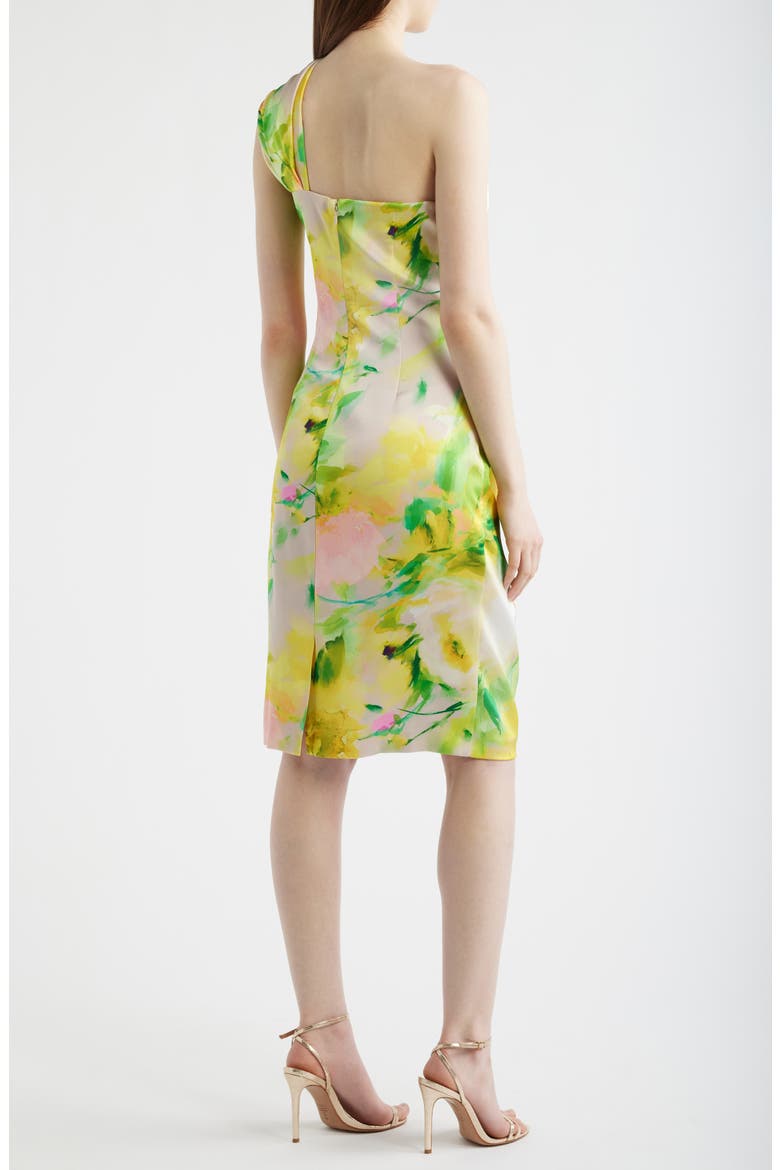 Abstract Floral One-Shoulder Satin Cocktail Sheath Dress, Alternate, color, YELLOW